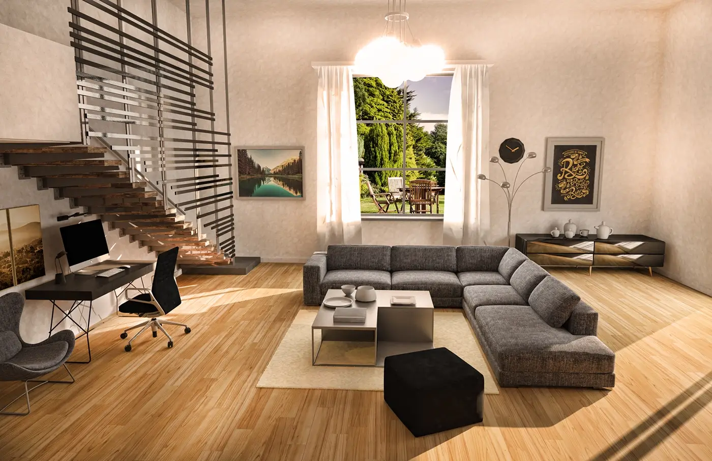 A photorealistic 3D render of a living room