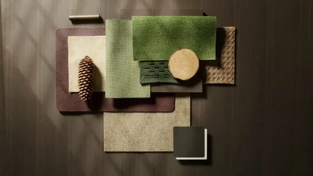A physical mood board with fabric and material samples