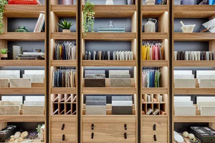 A well-organized library of material samples in the design studio